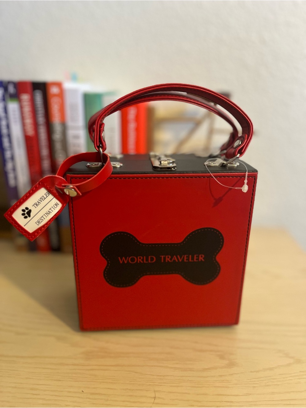 Red 'World Traveler' Dog Bone Handbag Feeder